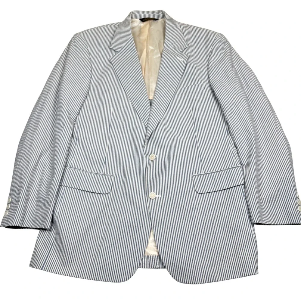 Brooks Brothers Mens 44L Seersucker Blazer Blue White Striped Cotton Sport Coat